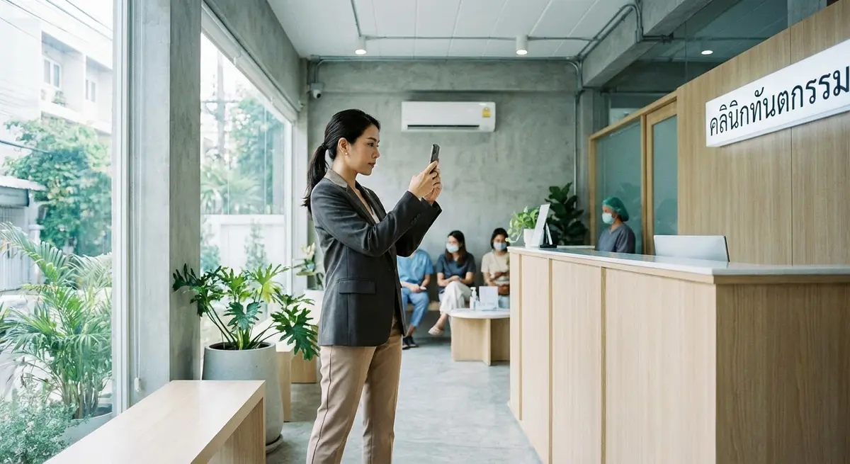 High-end editorial photography of a modern Thai female business owner in her late 30s, standing inside her bright, clean dental clinic in Bangkok. She is focused, holding up her smartphone to take a picture of the modern reception area. The scene is illuminated by cool, natural morning light coming through a large window. The shot captures the reality of a hands-on business owner improving her online presence.