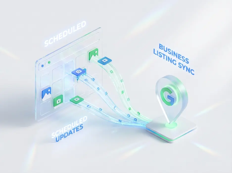 Premium 3D isometric art of a digital content scheduling concept. On a clean white background, a floating, semi-transparent glass UI of a calendar is shown. Small photo icons are being arranged onto future dates. Glowing blue and green data lines connect the calendar to a central, prominent Google Maps pin icon, symbolizing automated updates to a business listing. The aesthetic is clean, minimal, and uses a brand color palette of White, Blue, and Green.
