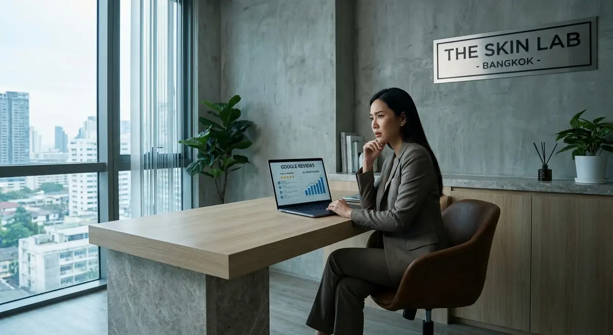 High-end editorial photography of a professional Thai woman, the owner of a modern aesthetic clinic in Bangkok. She is sitting in her clean, minimalist office, looking thoughtfully at a laptop screen displaying charts and customer reviews. The lighting is bright and clinical, like cool morning daylight coming through a large window. The focus is on her engaged, strategic expression, conveying the human side of managing an online reputation. Cool color palette.
