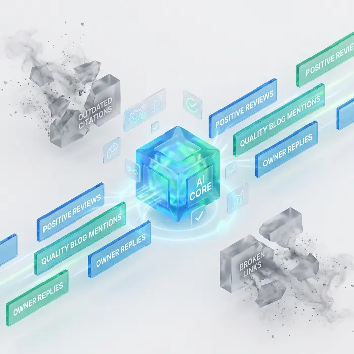 Premium 3D art, isometric view. A central, glowing algorithm core representing Google's AI is floating. Clean, organized blue and green data cards representing 