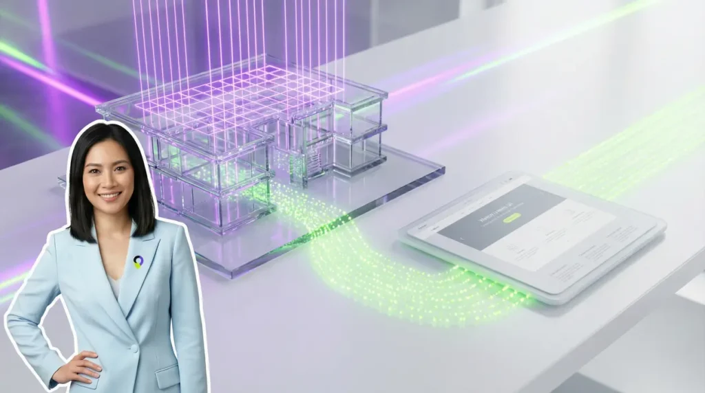 A confident woman standing beside a pristine white desk showing a macro setup. A glowing transparent glass model of a spa receives a massive stream of neon green data dots, while a dull matte tablet nearby is ignored, emphasizing the importance of local listings.