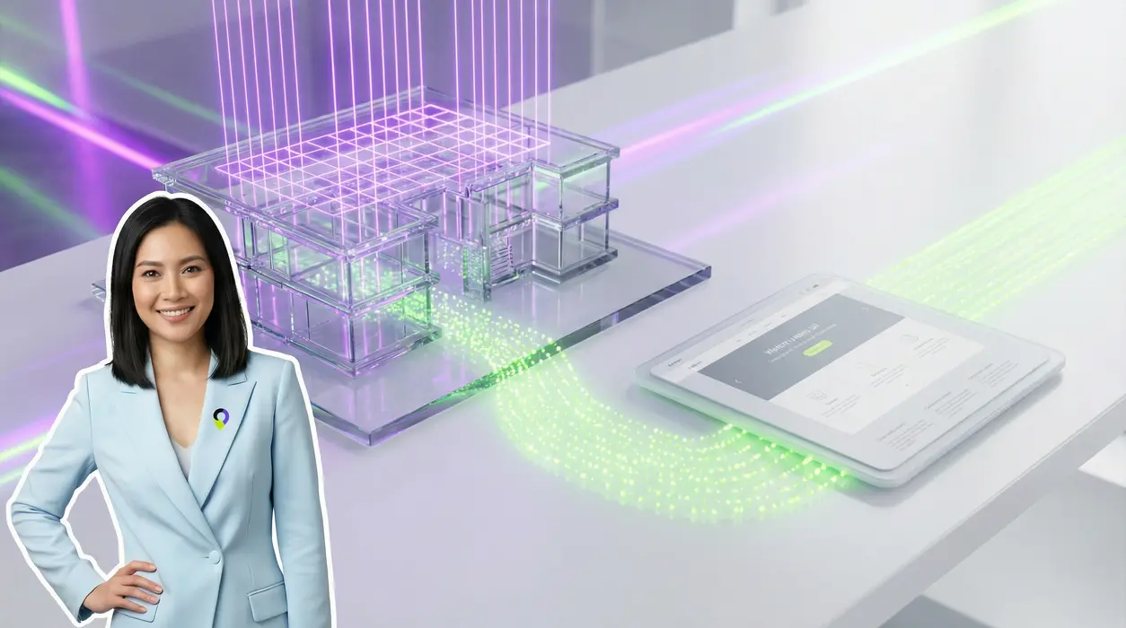 A confident woman standing beside a pristine white desk showing a macro setup. A glowing transparent glass model of a spa receives a massive stream of neon green data dots, while a dull matte tablet nearby is ignored, emphasizing the importance of local listings.
