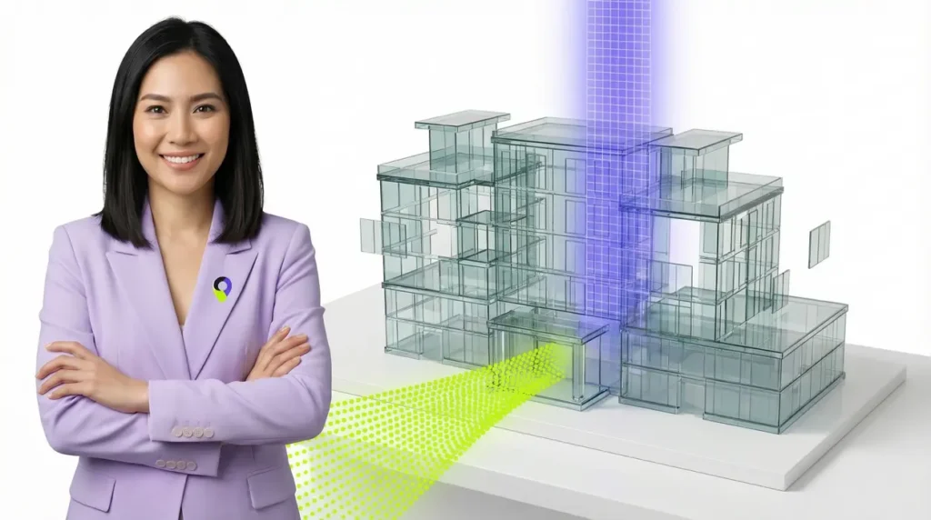 A woman, Aiyah, wearing a modern icy-blue blazer, observes a complex glass architectural model being methodically simplified by floating purple grid beams and sharp neon green data streams against a high-key white studio background.