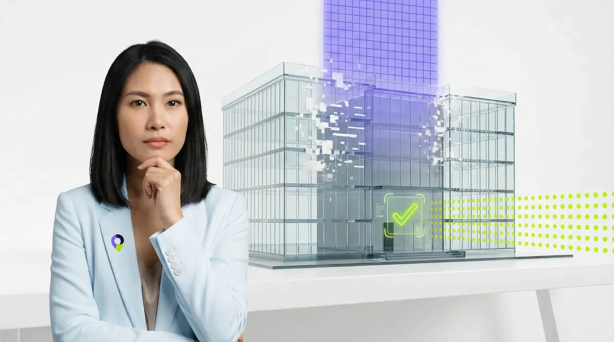 A woman with an analytical expression examines a brightly lit scene. The background features a detailed glass architectural model of a modern law firm on a white desk, being scanned by a focused purple grid beam that removes digital noise, while a neon green checkmark and dots flow towards the purified structure.