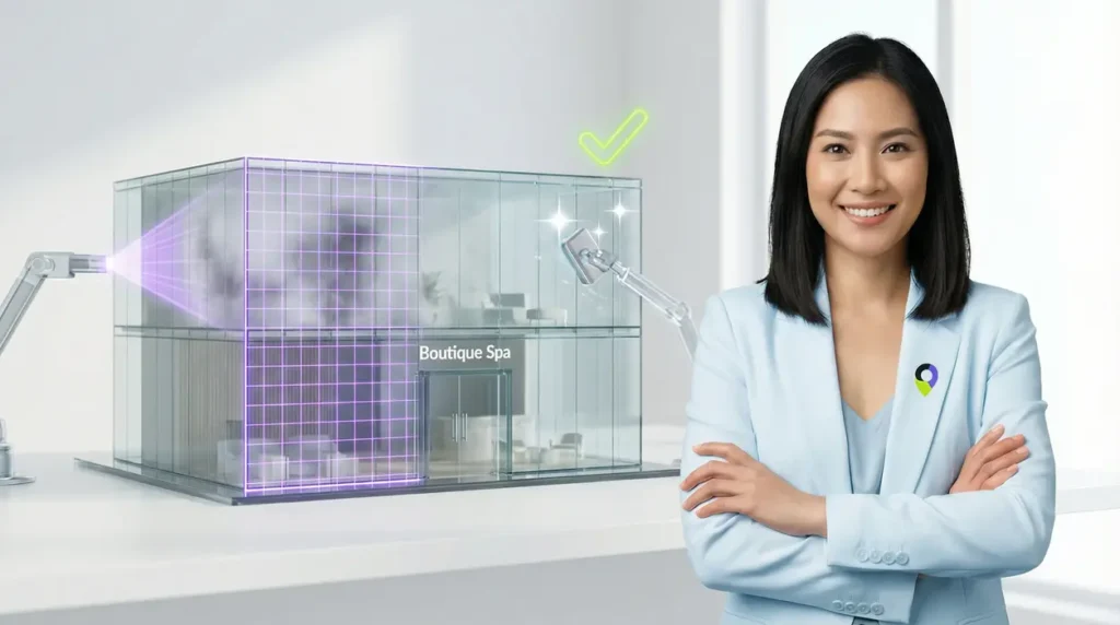 A woman expressing confidence is featured next to a futuristic rendering where a 3D glass architectural model of a spa is being digitally repaired. Holographic purple light scans a foggy section, which is then cleared and marked with a floating neon green checkmark, symbolizing a successful data fix.