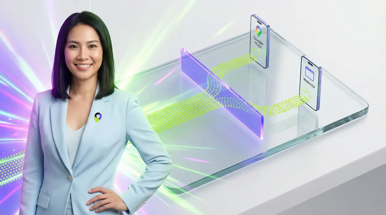 A confident professional woman standing beside a high-tech glass tablet displaying neon green data streams being perfectly attributed by a purple holographic divider into 'Google Maps' and 'Website' icons.