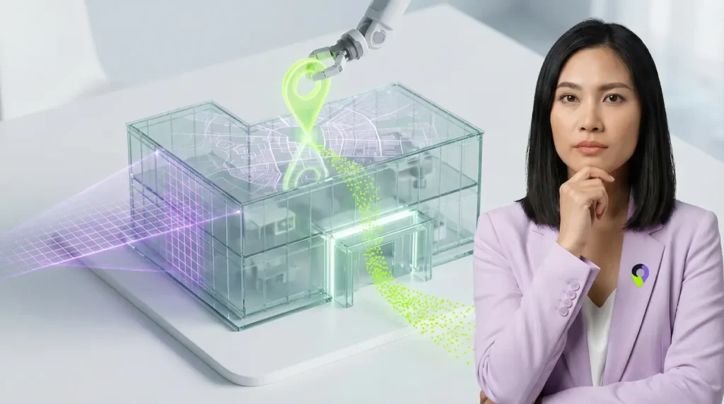 A high-key studio photograph showing a macro view of a 3D glass architectural model being targeted by a purple scanning beam that projects a holographic city map. A robotic arm lowers a neon green pin onto the map. A photorealistic woman with an analytical expression, wearing a soft lavender blazer, stands on the right, assessing the strategic placement.