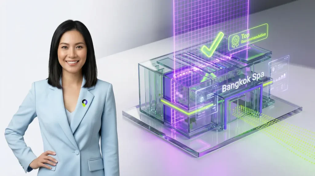 A confident woman (Aiyah) is positioned on the left side of a high-tech studio environment where a 3D glass architectural model of a Bangkok Spa is being analyzed by a scanning Purple Grid Beam, resulting in a Neon Green checkmark and a flow of green data dots, illustrating AI-driven successful business recommendation.