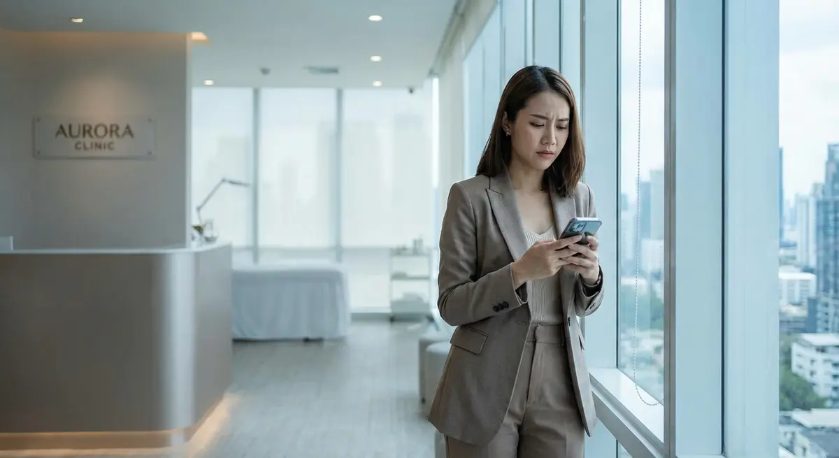 High-end editorial photography of a professional Thai female clinic owner in her late 30s, standing in a modern, brightly lit aesthetic clinic in Bangkok. She is looking thoughtfully at her smartphone, with a slight expression of concern, representing the challenge of tracking customer calls. The background is clean and minimalist, with subtle medical equipment. Lighting is cool, natural morning light coming through a window.