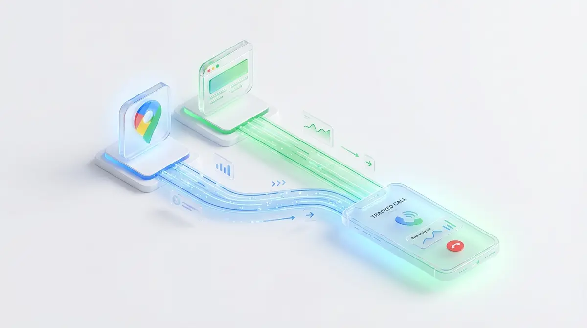 Premium 3D art, isometric view. Abstract visualization of call tracking for a small business. On the left, two distinct data streams originate from floating glass icons representing a 