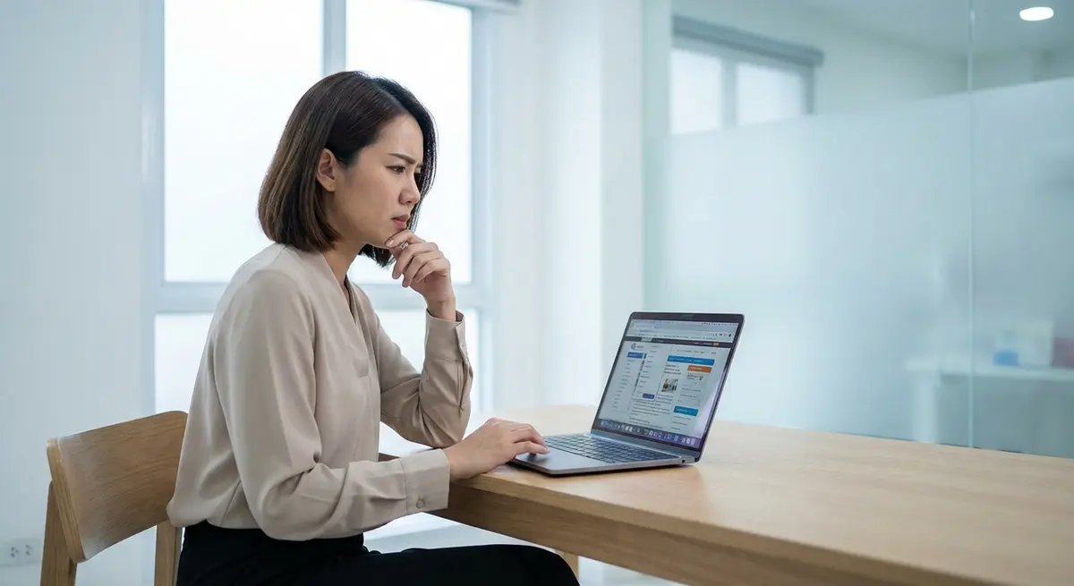 High-end editorial photography of a professional Thai female owner of a modern, minimalist dental clinic in Bangkok. She sits at a simple desk, looking thoughtfully concerned at her laptop screen, which displays an overly complicated and cluttered website design. The setting is bright with cool, natural morning light coming through a window. The focus is on her expression of quiet frustration and the contrast between the clean clinic and the messy website. Shot on a Sony A7 IV, 35mm lens, shallow depth of field.