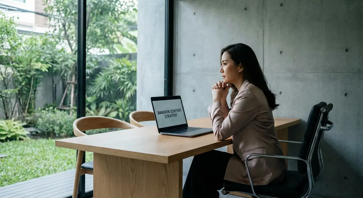 High-end editorial photography of a professional Thai woman in her late 30s, the owner of a boutique clinic in Bangkok. She is sitting at a minimalist desk, looking thoughtfully at her laptop, planning her local content strategy. The setting is bright and clean, filled with cool, natural morning light from a large window. The mood is focused and strategic, not stressed. Shot on a Sony A7R IV with an 85mm f/1.4 lens.