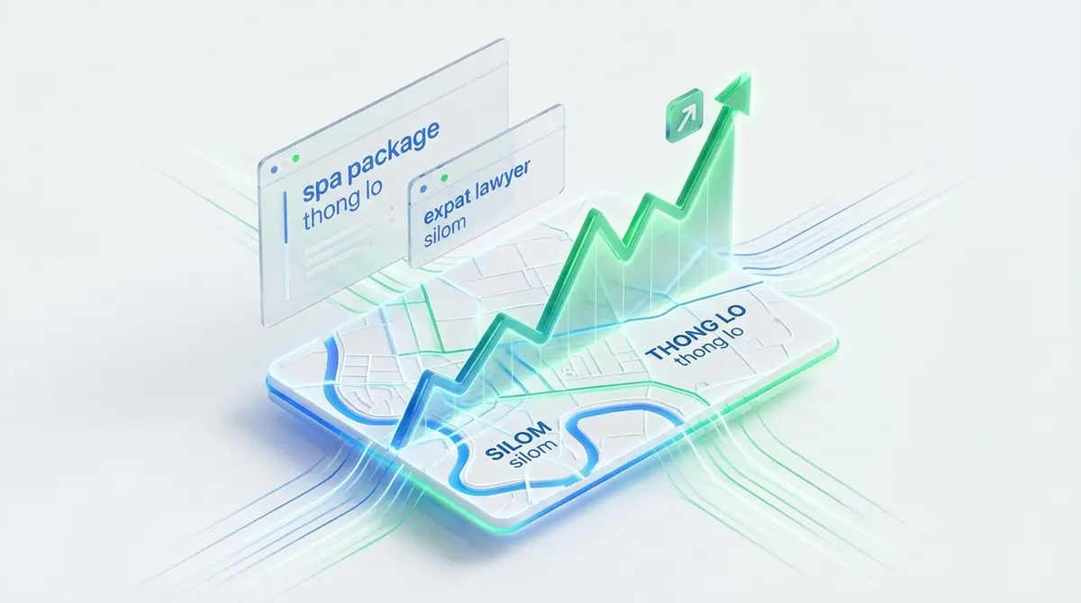 Premium 3D art, isometric view. A glowing, stylized map of a Bangkok neighborhood floats on a clean white background. Above the map, translucent glass UI elements display local search queries like 