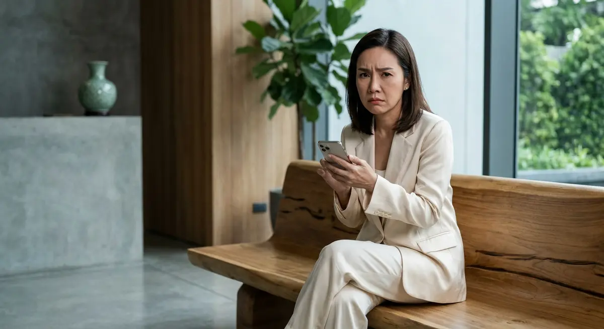 High-end editorial photograph of a professional Thai woman, the owner of a luxury spa, in her early 40s. She is sitting in the modern, minimalist reception area of her spa in Bangkok. She looks at her smartphone with a concerned and slightly frustrated expression. The lighting is bright and natural, like cool morning daylight filtering through a window. The background is softly blurred, showing clean lines and subtle Thai decor elements. No skyscrapers.