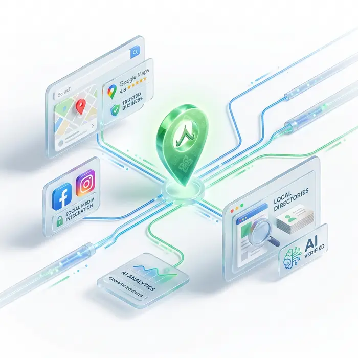 Premium 3D isometric illustration of a data network concept. In the center, a glowing green pin icon represents a local Thai business. From this central pin, clean, glowing blue and green lines connect to various floating glass UI cards representing different online platforms (Google Maps, social media, local directories). The entire scene is set against a clean, bright white background, conveying a sense of digital organization and AI trust. The style is minimalist, using glassmorphism and cool clinic lighting.