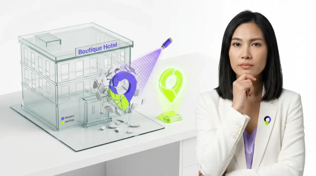A photorealistic composite showing Aiyah with an analytical expression, wearing a white blazer, observing a 3D glass architectural model of a hotel on a white desk where a fractured holographic phone icon is being repaired by purple and neon green light beams.