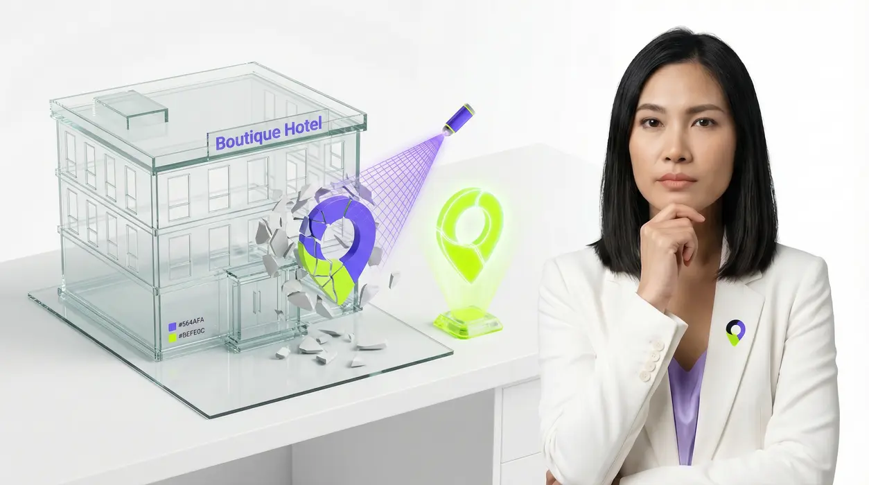 A photorealistic composite showing Aiyah with an analytical expression, wearing a white blazer, observing a 3D glass architectural model of a hotel on a white desk where a fractured holographic phone icon is being repaired by purple and neon green light beams.