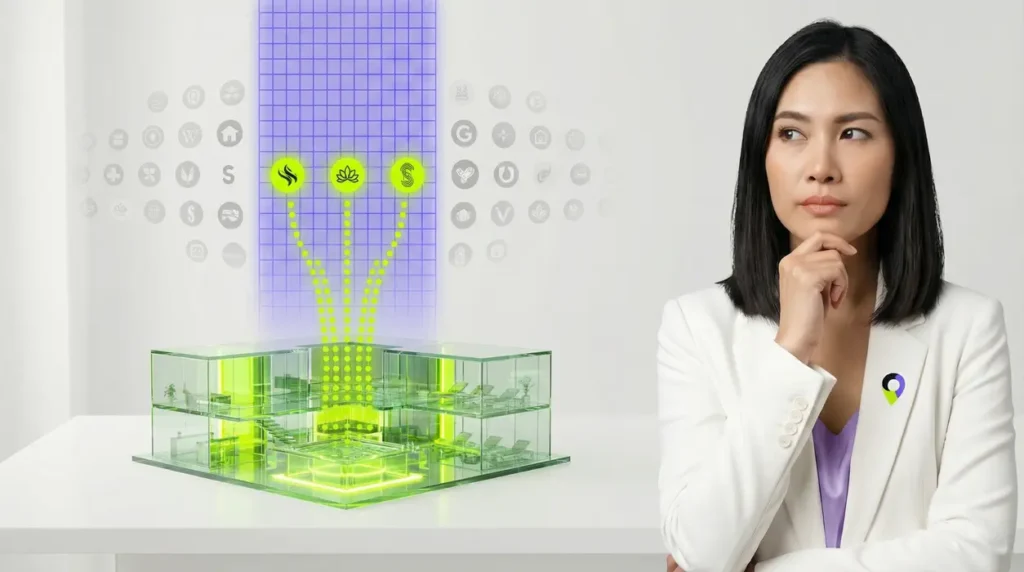 A photorealistic digital composite showing a woman with an analytical expression observing an intricate 3D glass architectural model of a spa, which is being illuminated by focused Neon Green traffic streams originating from three selected holographic business directory logos scanned by a Purple Grid Beam on a pristine white background.