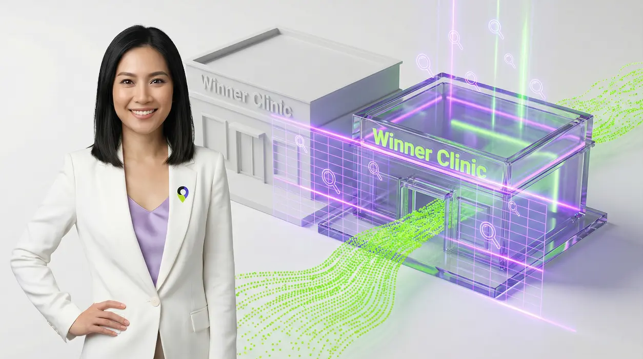 A confident woman observes a futuristic scene where a neon purple scanner highlights a glowing glass clinic model (the winner) on the right, while a stream of bright green data flows into it, contrasting sharply with an ignored dull white model.