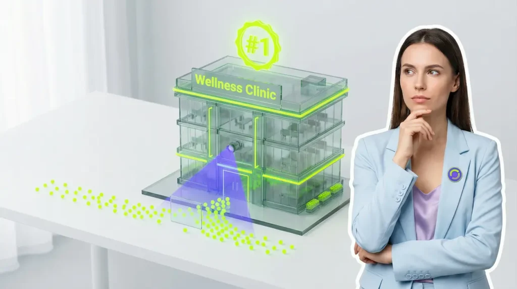 An analytical professional woman in a modern icy-blue blazer observing a 3D glass architectural model of a clinic. The scene features a neon green #1 badge and a purple scanner beam investigating why traffic is blocked from entering the building.
