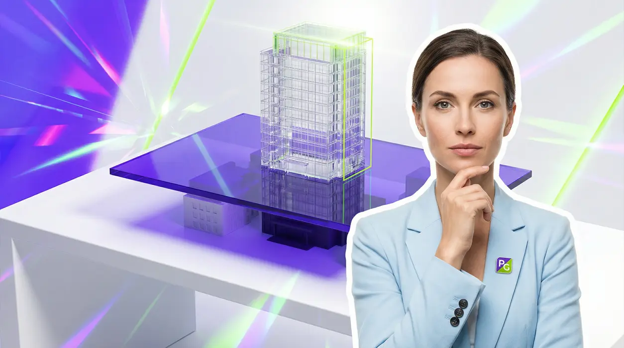 A woman with an analytical expression looking at a tech-themed architectural scene where a neon purple glass barrier separates an invisible building from a successful crystal building under neon green light.