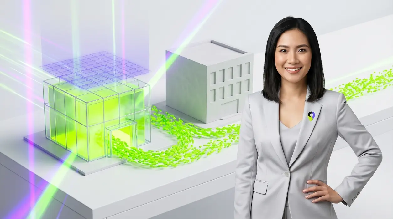 A confident woman standing beside a futuristic 3D architectural display showing a glowing green glass building attracting liquid traffic streams while a dull competitor building is ignored.