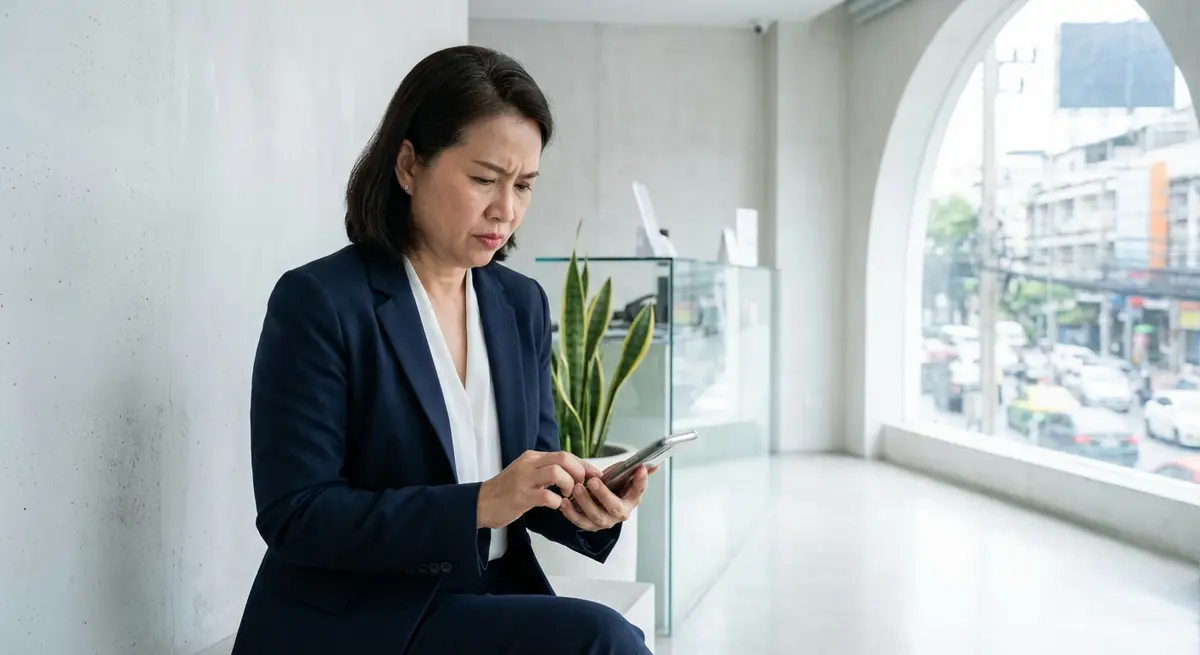 High-end editorial photography of a professional Thai woman in her early 40s, the owner of a modern aesthetic clinic in Bangkok. She is looking at her smartphone with a focused and slightly concerned expression. The setting is the clean, minimalist reception area of her clinic, bathed in bright, cool white light. The background is softly blurred, showing sleek white counters and hints of green plants. She is dressed in a smart-casual but professional outfit. The mood is one of serious analysis, not panic.