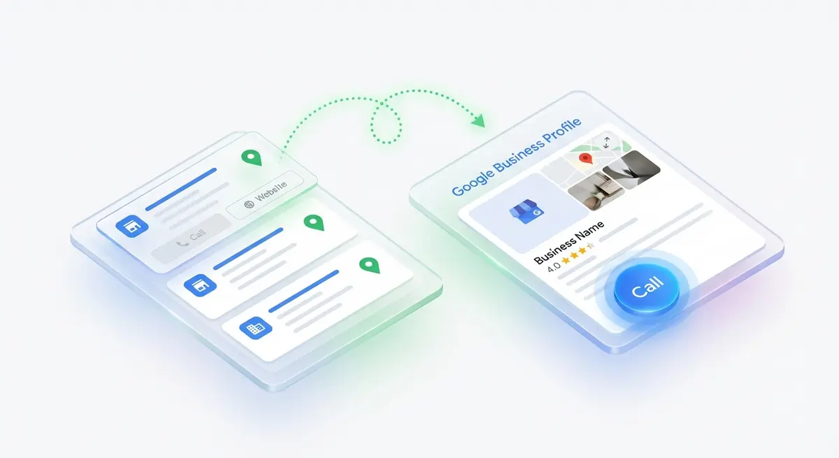 Premium 3D art, isometric view. A glowing, stylized smartphone UI floats against a clean white background. It shows a Google 