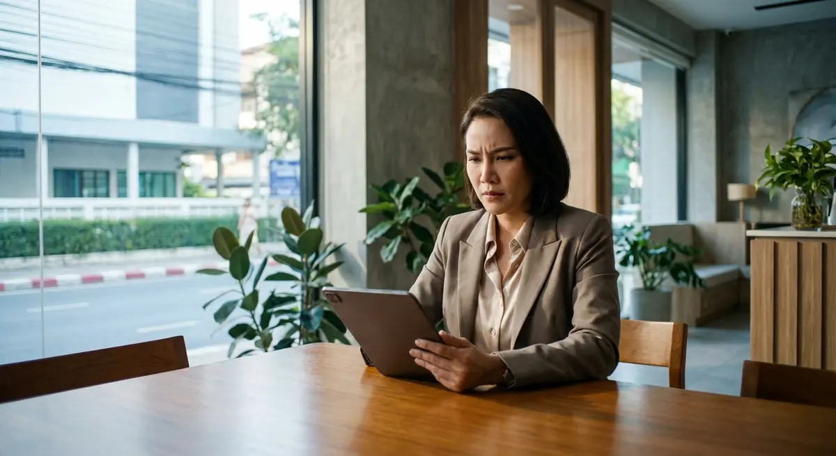 High-end editorial photography of a focused Thai female business owner in her late 30s, sitting at a table in her own bright, modern clinic reception in Bangkok. She's looking at a tablet screen with a slightly concerned but determined expression, contemplating a digital marketing challenge. The lighting is cool, bright morning natural light filtering through the window. The setting is clearly a ground-floor SME, not a corporate office. Shallow depth of field.