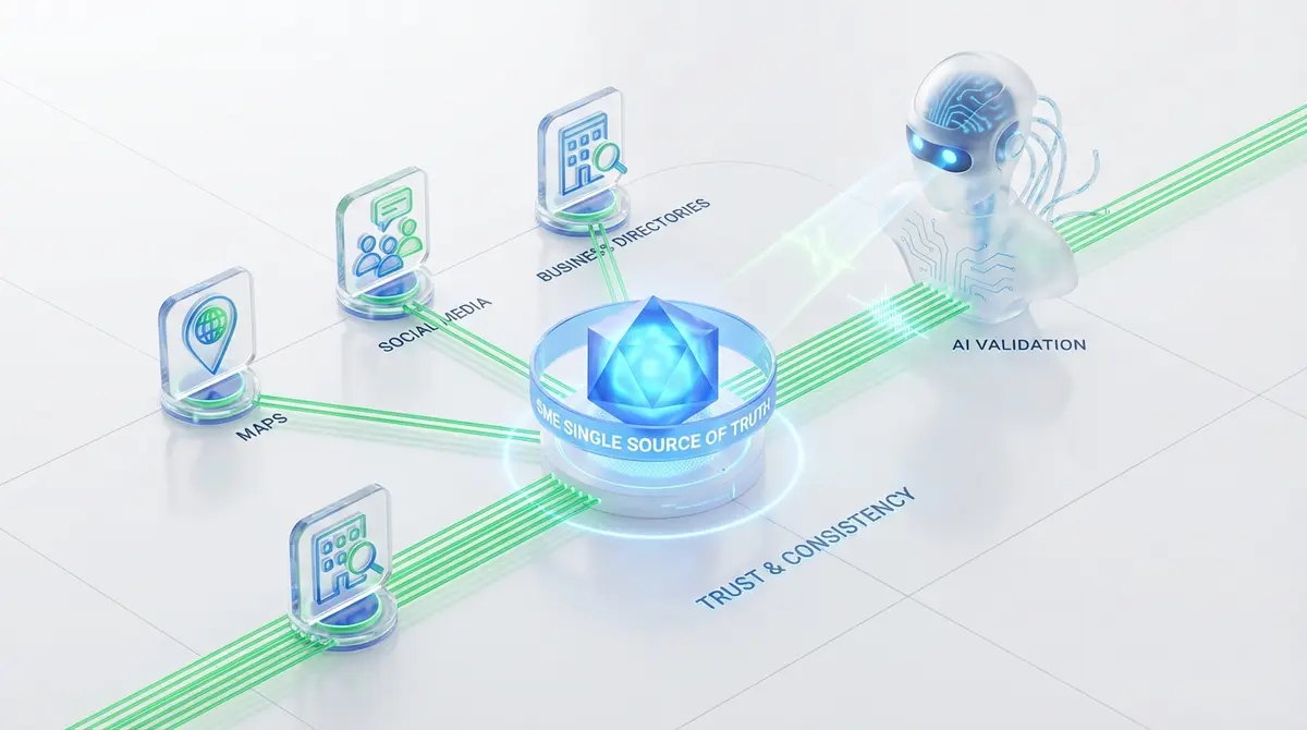 Premium 3D art, isometric view. A central, glowing blue node labeled 'SME Single Source of Truth' floats on a clean white background. From this node, organized, straight green data streams extend outwards to multiple smaller glass icons representing online platforms like maps, social media, and business directories. A larger, abstract AI entity made of white frosted glass is shown observing and validating these consistent data streams, signifying trust. The overall aesthetic is clean, technological, and uses a palette of White, Blue, and Green.