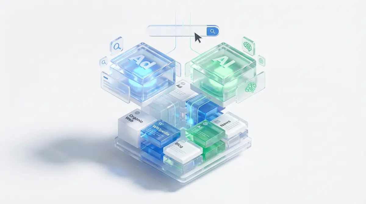 Style B (3D Art): Premium 3D isometric art illustration on a clean white background. Visualizing a 'search result hierarchy' as physical glass blocks. Top blocks are glowing 'Ad' and 'AI' modules pushing down the 'Organic' website blocks to the bottom. High-tech aesthetic, floating UI elements, soft shadows, brand colors of White, Blue, and Green. Glass textures, cool studio lighting.