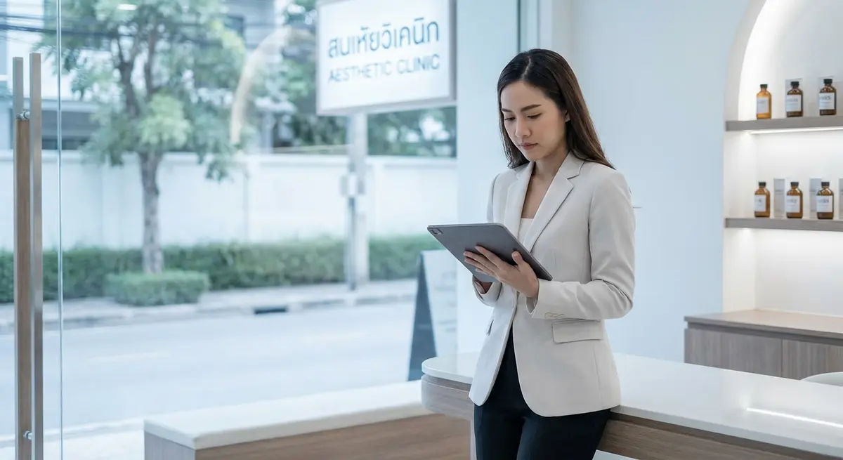 Style A (Photo): High-end editorial photography. A Thai female aesthetic clinic owner standing in her modern, clean reception area. She is holding a tablet, looking at the screen with a focused, analytical expression (not stressed). Soft morning natural light flooding in from the shop front window. Cool white tones. Background shows blurred clinic products or reception desk. Authentic Bangkok SME context.