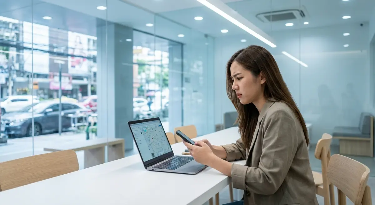 High-end editorial photography. A young female Thai small business owner, looking concerned and slightly stressed, sits in her modern, minimalist Bangkok aesthetics clinic. She is looking at her smartphone, comparing it to her laptop screen which shows a map. The scene conveys a sense of confusion and frustration with technology. Lighting is bright clinic lighting, cool and white. Shallow depth of field, focused on her expression. Setting is clearly a ground-floor professional clinic, not a corporate office.