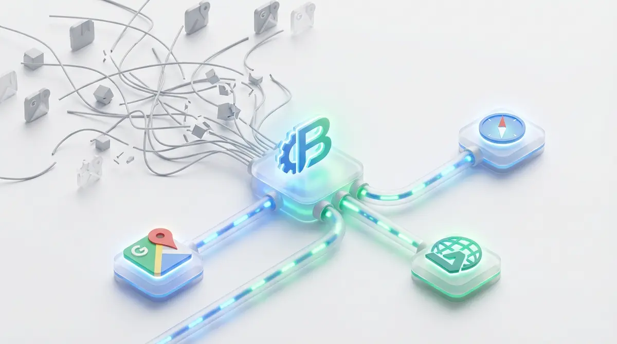 Premium 3D art illustration, isometric view. A central, glowing business icon is at the center on a white plane. From it, three clean, strong, illuminated data lines in blue and green extend to three major platform logos (Google Maps, Apple Maps, Bing Maps). In the background, representing the problem, is a tangled, chaotic mess of dozens of thin, gray, broken lines leading to generic, low-quality directory icons. The style is clean, minimalist, using frosted glass and glowing elements. Brand colors: White, Blue, Green.