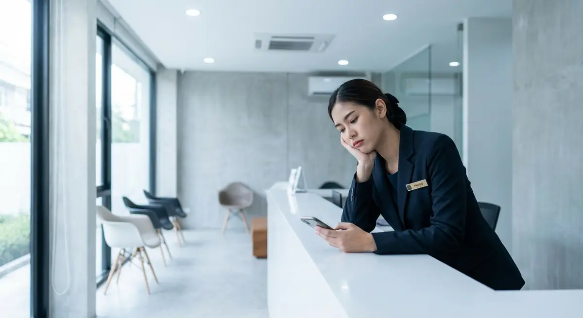 Style A (Photo): A professional Thai receptionist sitting at the front desk of a modern, minimal dental clinic in Bangkok. She is looking down at her mobile phone with a bored expression, resting her chin on her hand. The waiting area behind her is pristine but completely empty, emphasizing a lack of customers. Lighting is