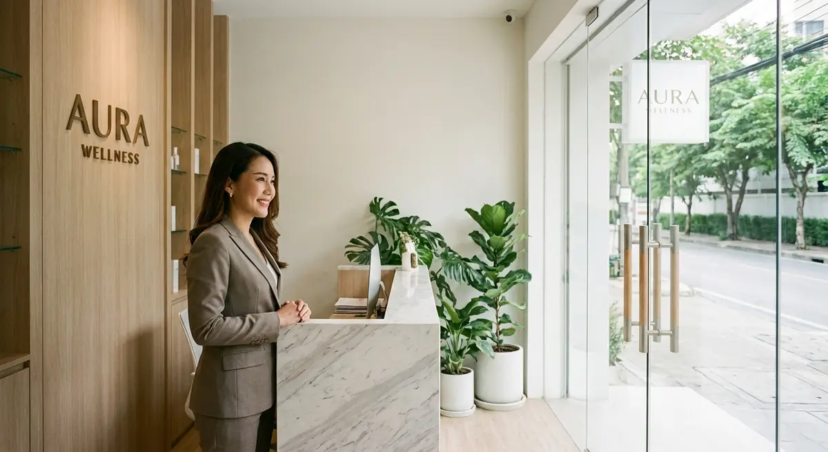 High-end editorial photography. Medium shot. A professional Thai female business owner standing confidently in the bright, modern reception area of a boutique clinic in Bangkok. She is smiling warmly, looking towards the glass entrance door, ready to welcome a customer. Natural morning light creates a clean, cool atmosphere. No skyscrapers visible, focus on the interior ground-floor SME context.