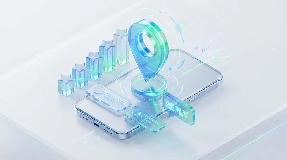 Premium 3D glass art, isometric view. A stylized, glowing location pin map marker sitting on top of a sleek glass mobile interface. Floating UI elements surround the pin, depicting 5-star review bars filling up and a