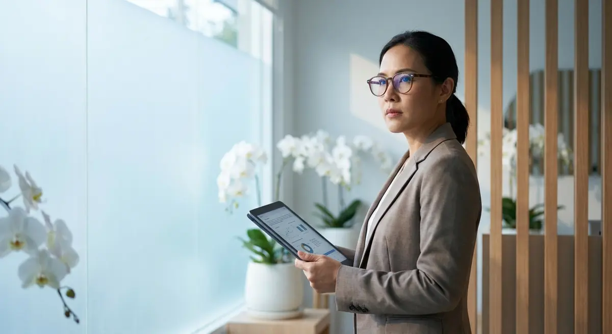 Style A (Photo): Editorial photography, medium shot. A professional Thai female spa manager standing in a modern, high-end wellness clinic in Bangkok. She is looking intently at a digital tablet, reviewing customer feedback with a focused, serious expression. Morning natural light filters through frosted glass, cool white tones. Background features blurred orchids and soft wood textures. No skyscrapers or generic office backgrounds.