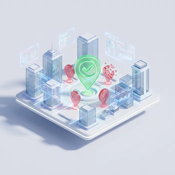 Style B (3D Art): Premium 3D render, isometric view. A stylized digital map of a city district with floating location pins. One primary pin is glowing green and solid (verified), while surrounding smaller pins are translucent red or shattering (suspended). Glass textures, soft shadows, clean white and blue color palette. Floating UI elements representing data verification. High-tech, abstract representation of local SEO.