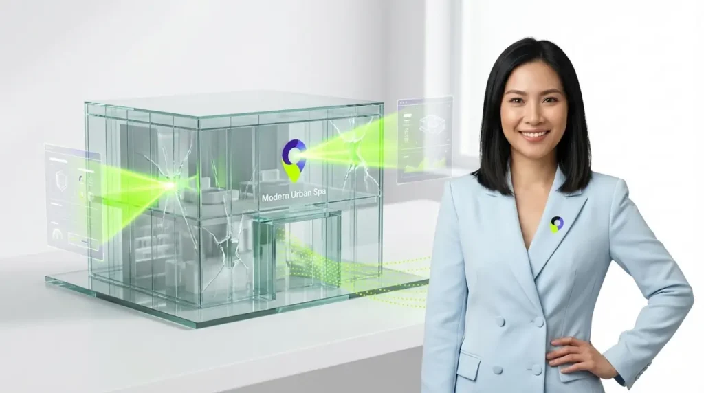 A confident professional woman in a modern icy-blue blazer standing beside a futuristic 3D glass architectural model that is being repaired by holographic green light beams on a white studio desk.