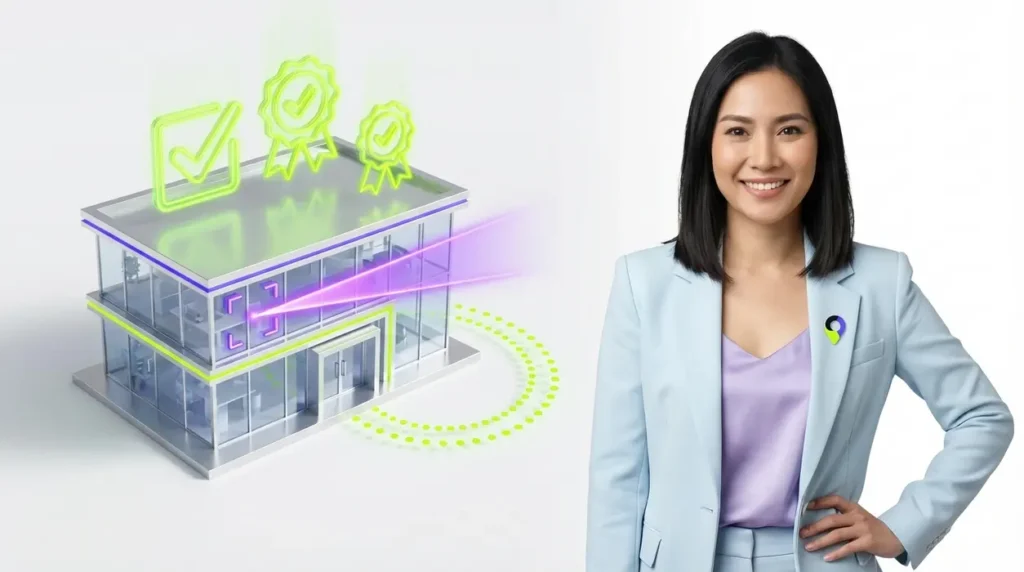 A confident professional woman in an icy-blue blazer stands next to a futuristic 3D glass medical clinic model being optimized with neon purple and green holographic interfaces, representing Google Maps ranking success.