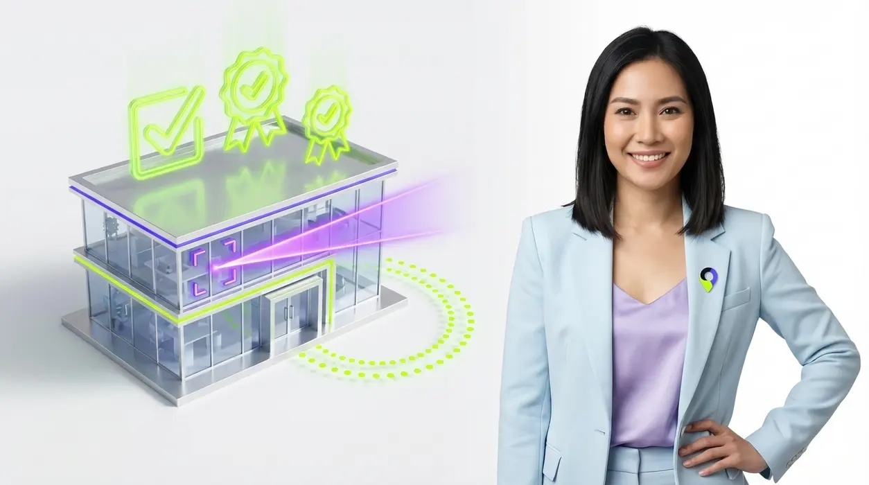 A confident professional woman in an icy-blue blazer stands next to a futuristic 3D glass medical clinic model being optimized with neon purple and green holographic interfaces, representing Google Maps ranking success.