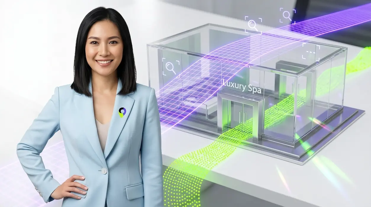 A confident woman in a modern lavender blazer stands beside a futuristic 3D architectural spa model being scanned by purple AI grids and receiving a flow of neon green traffic dots.