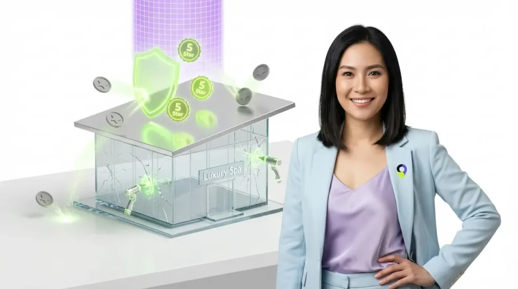 A confident professional woman in an icy-blue blazer stands next to a minimalist studio desk where a glass luxury spa model is being repaired by holographic tools and protected from fake 1-star reviews by a neon green shield.