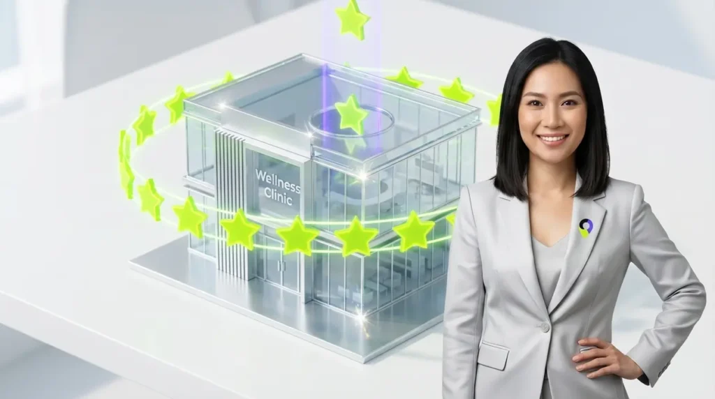 A confident professional woman in a grey suit standing next to a futuristic 3D model of a clinic being automatically populated with glowing green five-star reviews.