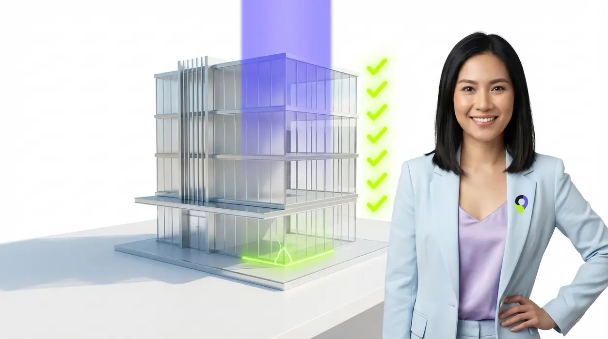 A confident professional woman in a modern icy-blue blazer standing next to a 3D glass architectural clinic model being repaired by a purple digital scanner and neon green holographic checklist on a pristine white background.