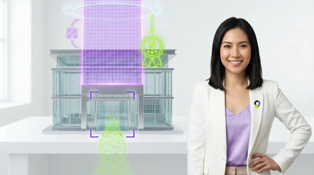 A confident professional woman in a white blazer stands beside a 3D glass architectural model of a medical clinic being upgraded by purple holographic digital scanners and green neon symbols.