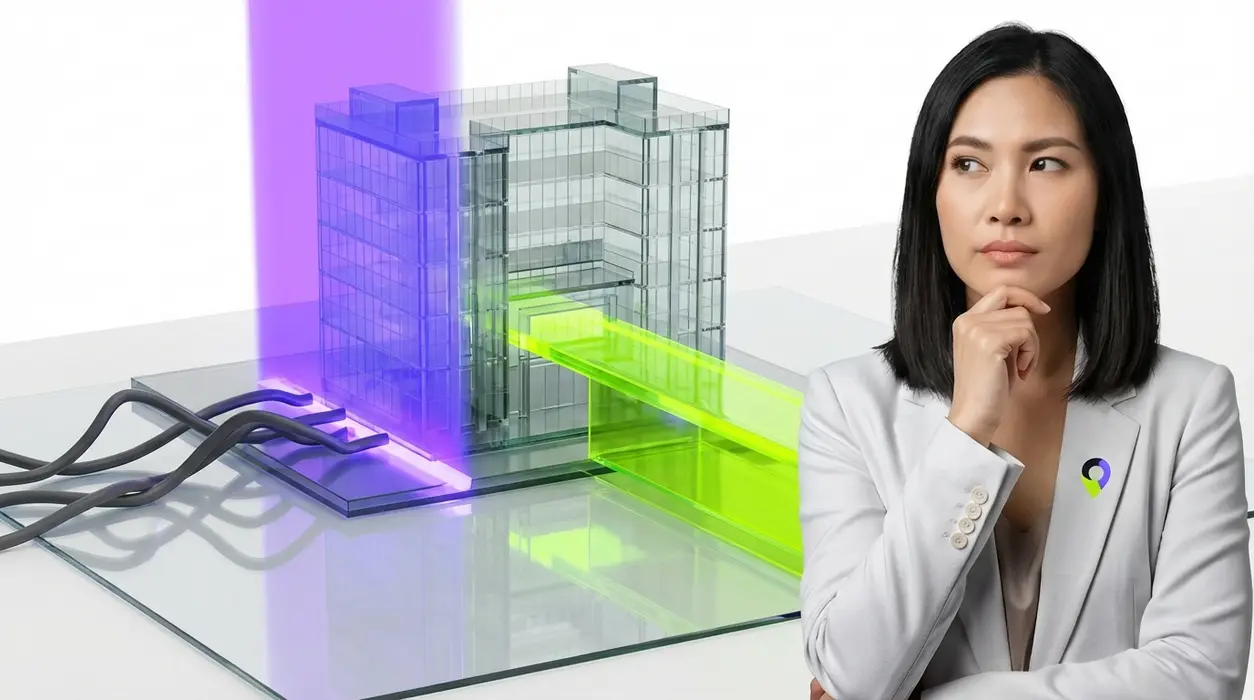 An analytical professional woman looking at a 3D glass business center model on a white studio desk where a purple beam dissolves bad links and a green light builds an authority bridge.