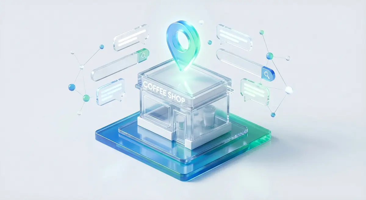 Premium 3D glass, isometric view, floating UI elements. A glowing map location pin hovering above a stylized, miniature 3D coffee shop, surrounded by floating chat bubbles, search bars, and connected data nodes representing AI conversational search algorithms. Clean brand colors of White, Blue, and Green. Bright Clinic Lighting, cool white background, high-end abstract 3D render.