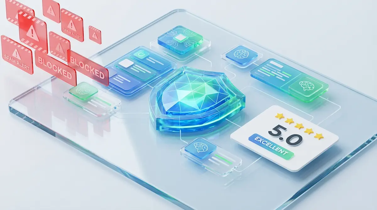 Premium 3D glass, isometric view, floating UI elements representing AI algorithms and data patterns, a glowing digital shield blocking red spam warning alerts from hitting a pristine white 5-star review card, brand colors White, Blue, and Green, cool white lighting, clean minimalist tech aesthetic.